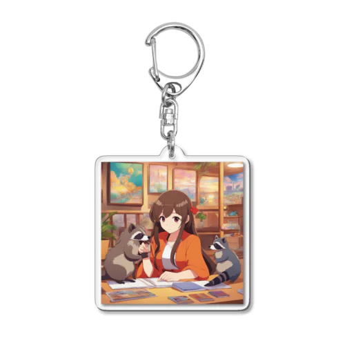 アライグマと一緒にアートイベントを企画する女性 Acrylic Key Chain