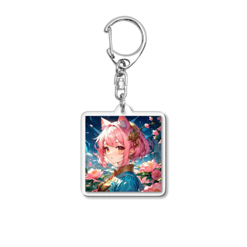 桃色ねこ娘と花畑 Acrylic Key Chain