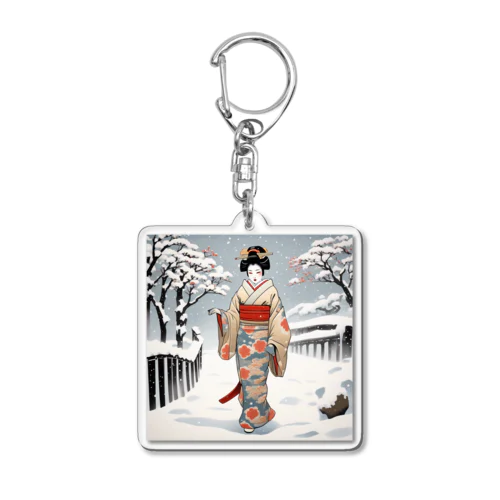 日本の風景、冬雪降る中を歩く舞妓さん　MAIKO walking in the snow Acrylic Key Chain