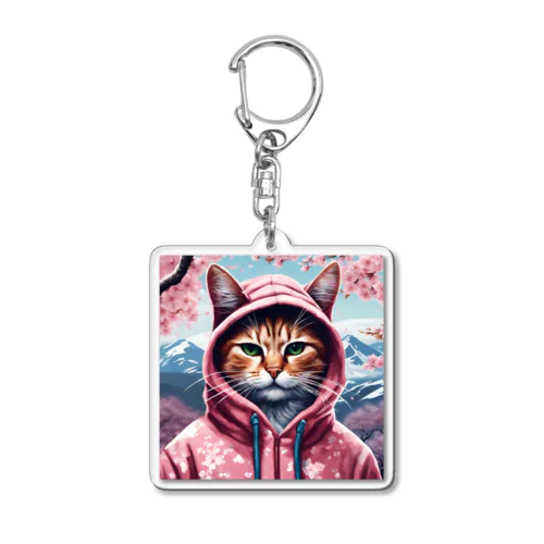 桜舞うなかオシャン猫 Acrylic Key Chain