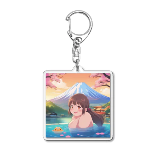 富士山絶景にある露天風呂のかわいい女の子 Acrylic Key Chain