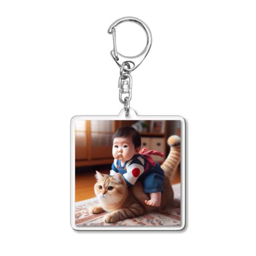 猫にまたがりお馬の稽古 Acrylic Key Chain