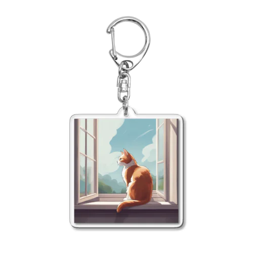 窓辺で眺めを楽しんでいる猫 Acrylic Key Chain