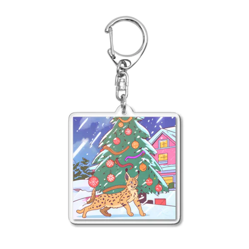 クリスマスツリーの前で楽しむオオヤマネコ Acrylic Key Chain