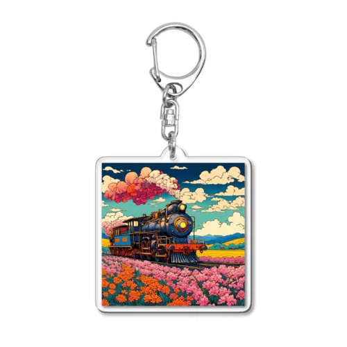 日本の風景:花畑の中をはしるSL 蒸気機関車、Japanese senery: SL steam locomotive running through a flower field Acrylic Key Chain