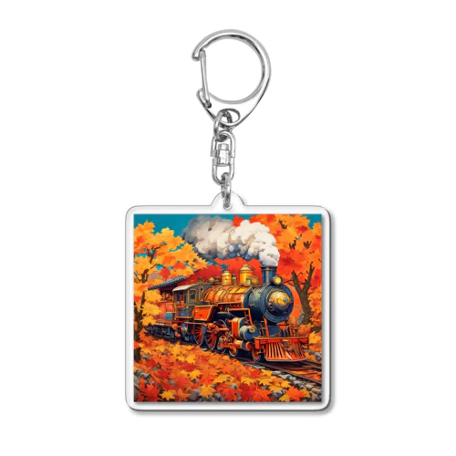 日本の風景:紅葉の中を走るSL蒸気機関車、Japanese senery: SL steam locomotive running through autumn leaves Acrylic Key Chain