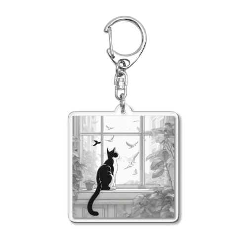 窓辺で鳥を見つめている猫 Acrylic Key Chain