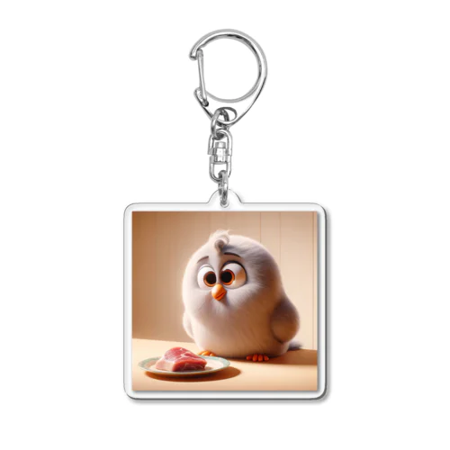 フサフサの鳥が、美味しそうな餌を見つけた様子 Acrylic Key Chain