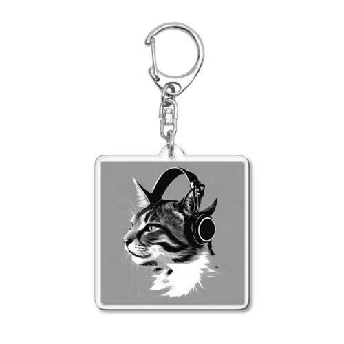 ヘッドホンをした猫 Acrylic Key Chain