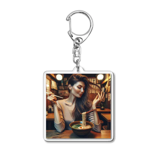 髪を気にしながらラーメンを食べる女性 Acrylic Key Chain