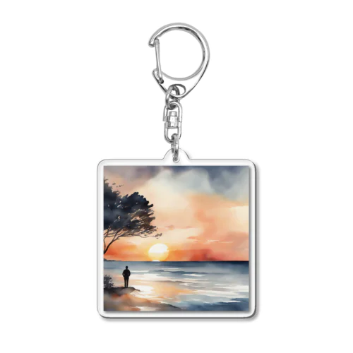 夕日に染まる海を背 Acrylic Key Chain