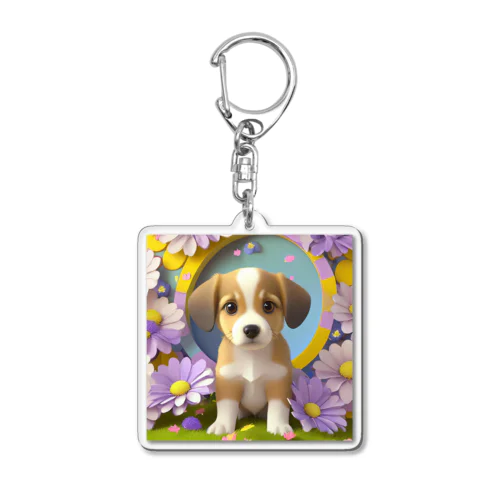 陽気な子犬と春の花々 Acrylic Key Chain