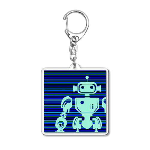 青いボーダー地と水色のレト口なロボットのシルエット Acrylic Key Chain