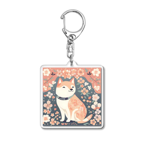 日本画風、柴犬と桜-Japanese-style painting of a Shiba Inu with cherry blossoms Acrylic Key Chain