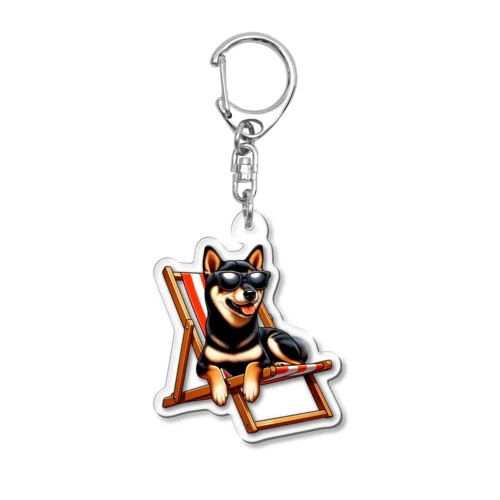 折り畳みチェアでくつろぐサングラスの黒柴犬 Acrylic Key Chain