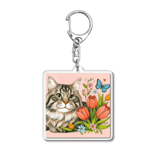 猫とチューリップ Acrylic Key Chain