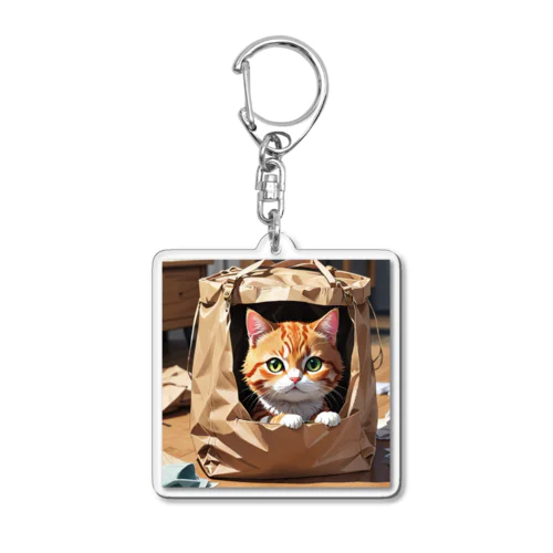 袋に入り込んで遊んでいる猫 Acrylic Key Chain