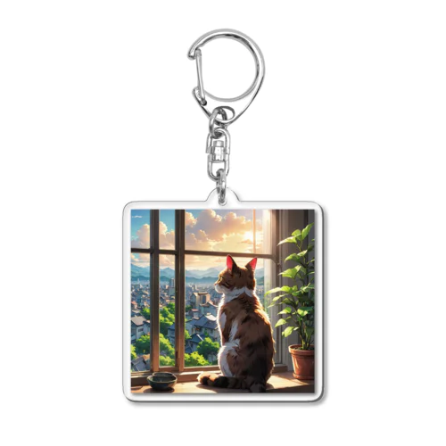 窓から外の景色を眺めている猫 Acrylic Key Chain