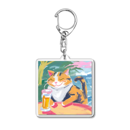 ビールを飲んで幸せそうなネコさん Acrylic Key Chain