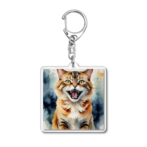 怒った猫の表情が鮮やかに描かれた水彩画 Acrylic Key Chain