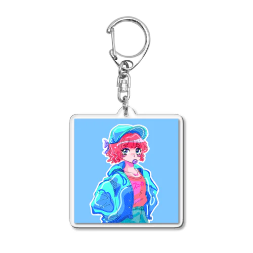 レトロポップボーイッシュブルーガール Acrylic Key Chain