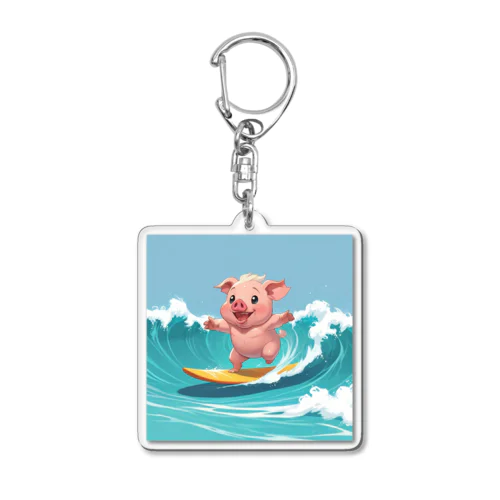 かわいいブタのサーフィンウェーブ Acrylic Key Chain