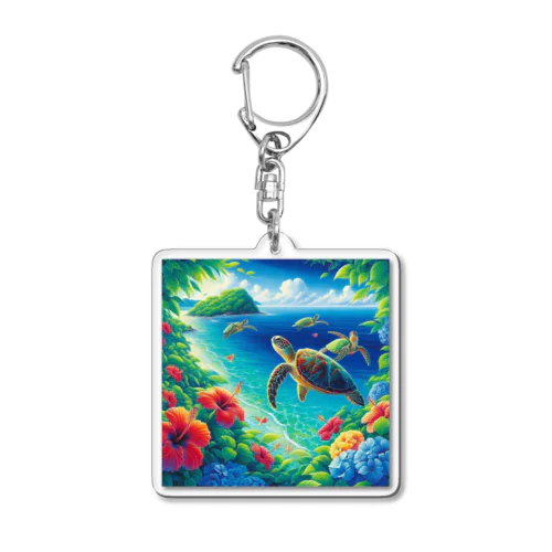 日本の風景:沖縄渡嘉志久ビーチの泳ぐ海がめ、Japanese scenery: Sea turtles swimming at Tokashiki Beach,Okinawa Acrylic Key Chain