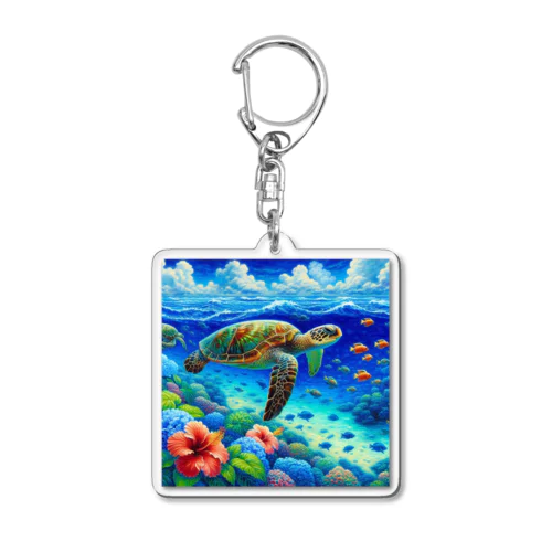 日本の風景:沖縄渡嘉志久ビーチの泳ぐ海がめ、Japanese scenery: Sea turtle swimming at Tokashiki Beach, Okinawa Acrylic Key Chain
