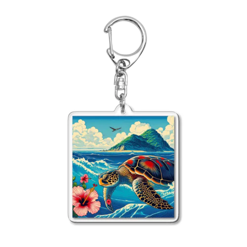 日本の風景:荒波にもまれる海がめ、Japanese scenery: Sea turtle caught in rough waves Acrylic Key Chain