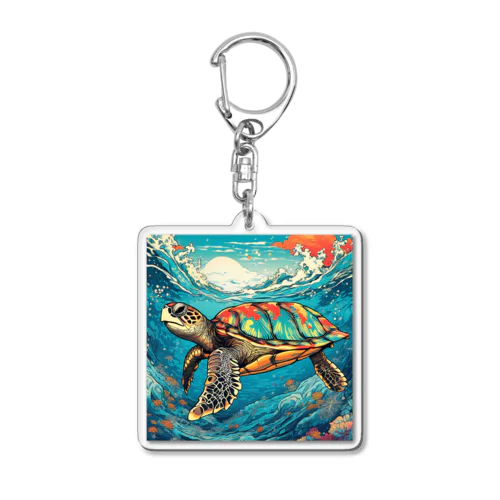 日本の風景:荒波にもまれる海がめ、Japanese scenery: Sea turtle caught in rough waves Acrylic Key Chain