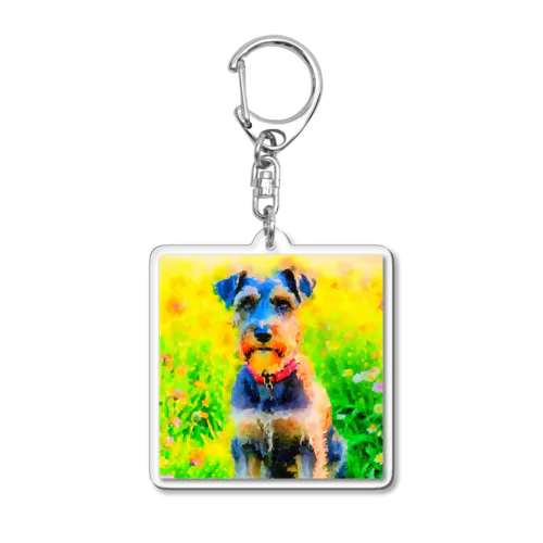 水彩画の犬 花畑のシュナウザーのイラスト Acrylic Key Chain