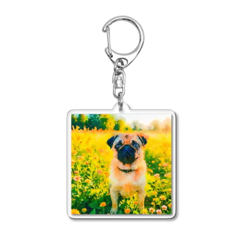 水彩画の犬 花畑のパグのイラスト Acrylic Key Chain