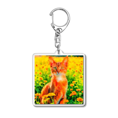 猫の水彩画/花畑のアビシニアンねこのイラスト/茶トラネコ Acrylic Key Chain