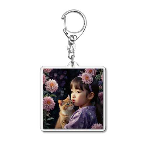 着物の少女と猫 紫 Acrylic Key Chain