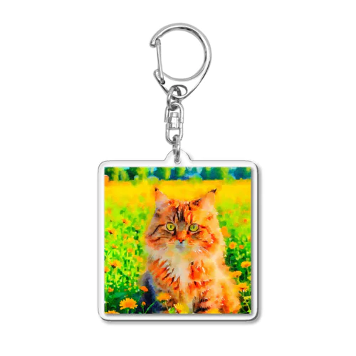 猫の水彩画/花畑のサイベリアンねこのイラスト/キジトラネコ Acrylic Key Chain