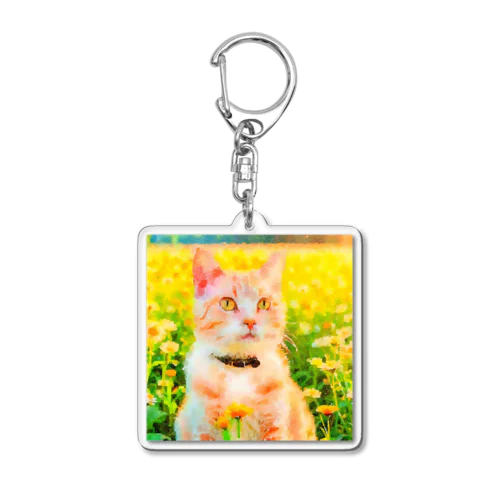 猫の水彩画/花畑のチャシロねこのイラスト/茶白ネコ Acrylic Key Chain