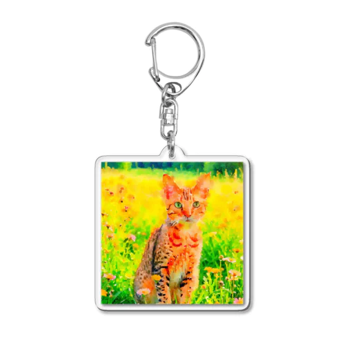 猫の水彩画/花畑のオシキャットねこのイラスト/キジトラネコ Acrylic Key Chain