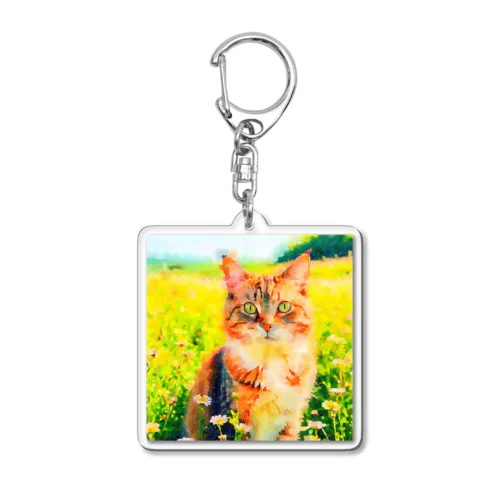 猫の水彩画/花畑のマンクスねこのイラスト/キジトラネコ Acrylic Key Chain