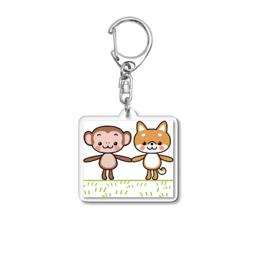 笑い転げているサルと子犬の柴犬 Acrylic Key Chain