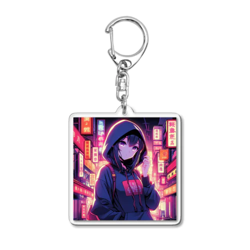 ネオンが光る街に立つ女の子 Acrylic Key Chain