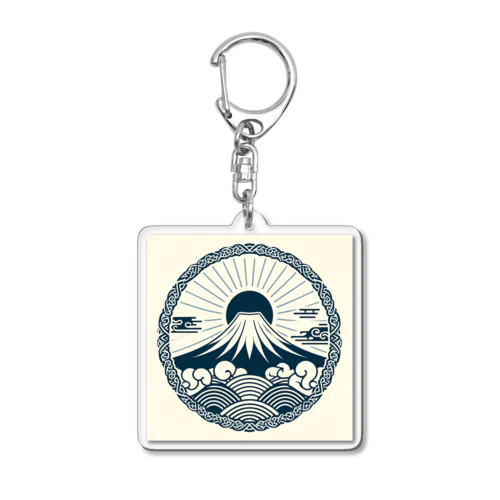 Minimalist Traditional Japanese Motif Featuring Mount Fuji and Seigaiha Patterns アクリルキーホルダー