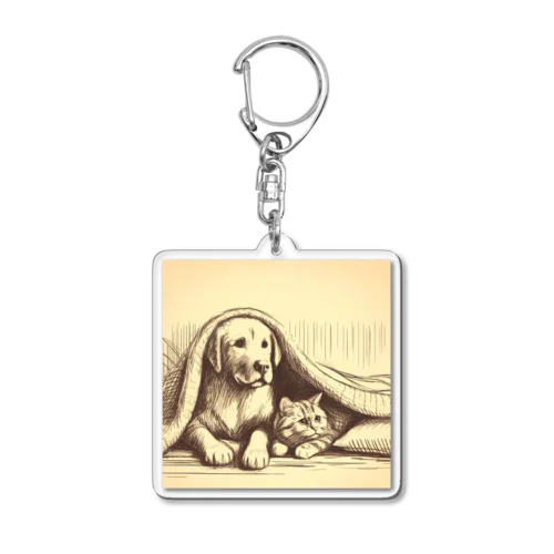 仲良しペア：犬と猫のくつろぎタイム Acrylic Key Chain