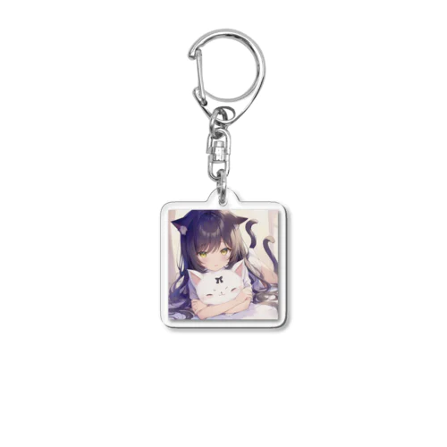 かわいい猫に抱きつくネコ耳女子 Acrylic Key Chain