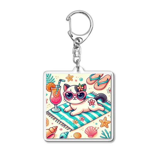 ビーチでリラックスするサングラスキャット Acrylic Key Chain