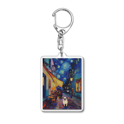 パグと夜のカフェテラス Acrylic Key Chain