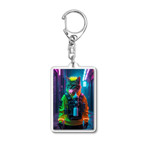 ネオンパーカーのトレンディ猫｜Trendy Cyber Cat with Neon Hoodie & Mech Bottle Acrylic Key Chain