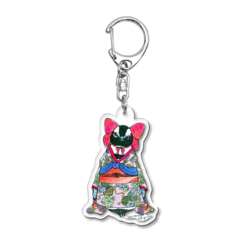 着物ぺんぎんーケープと桃ー Acrylic Key Chain