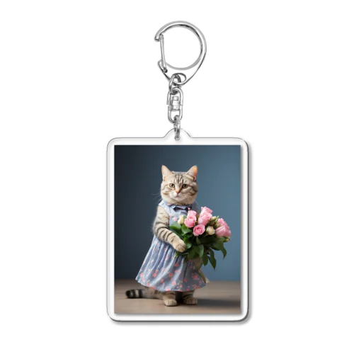 お祝いの花束を持っているアメショーちゃん Acrylic Key Chain