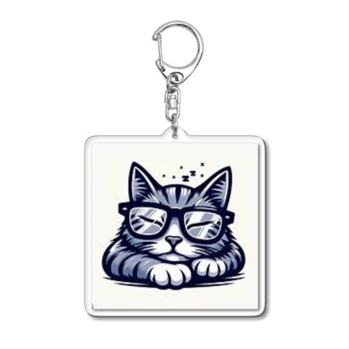 メガネをかけたままぐっすりなネコ Acrylic Key Chain