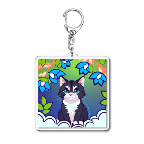 flowers and black cat Acrylic Key Chain